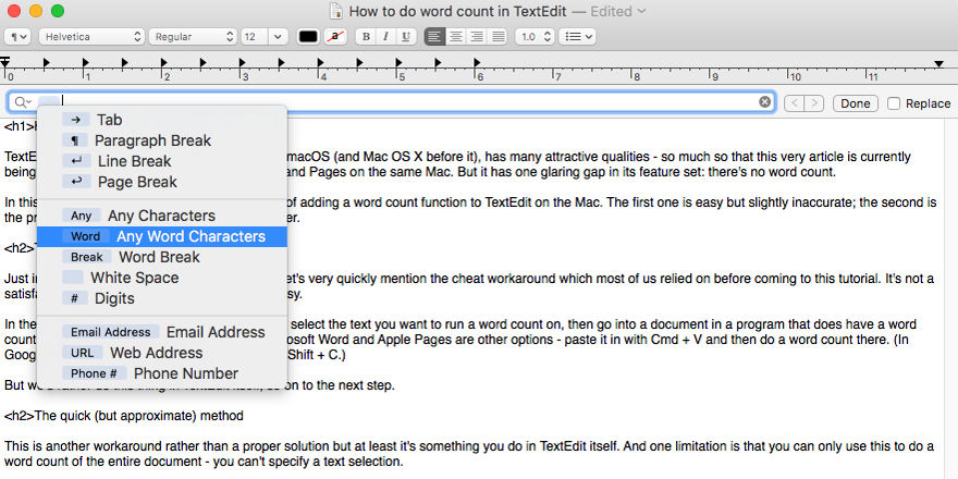 Cómo contar palabras en TextEdit en Mac: Buscar