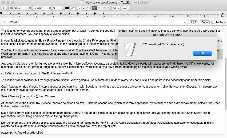 Cómo contar palabras en TextEdit en Mac: Automator
