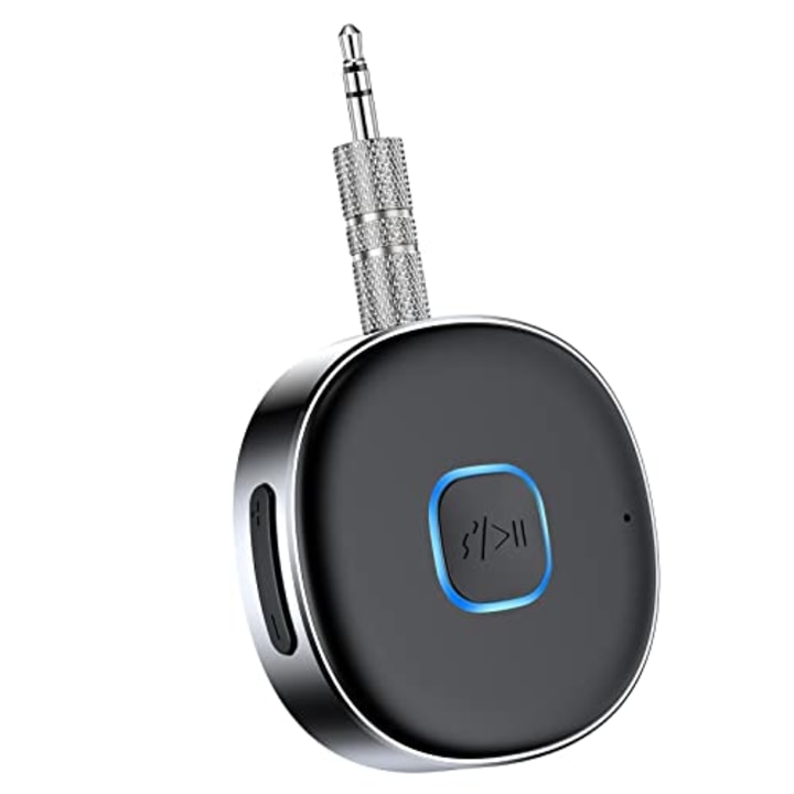 Receptor auxiliar Bluetooth para coche, adaptador de coche Bluetooth auxiliar portátil de 0.138 in, receptor de audio inalámbrico Bluetooth 5.0 para estéreo de coche/estéreo doméstico/auriculares con cable/altavoz, 16 horas de duración de la batería