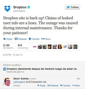 Dropbox down: los piratas informáticos afirman haber sido pirateados;  mantenimiento de reclamaciones de la empresa
