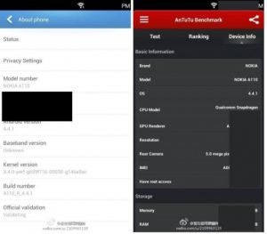 Nokia A110 con superficies integradas de Android 4.4.1 en el banco de pruebas AnTuTu